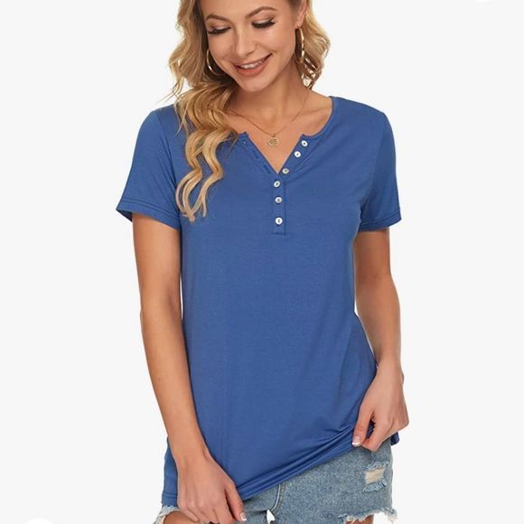 MISFAY Short Sleeve Henley Shirt in Blue - Picture 3 of 6